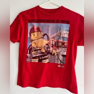 Vintage LEGO Kids Red Short Sleeve Tee with Automotive Prints large